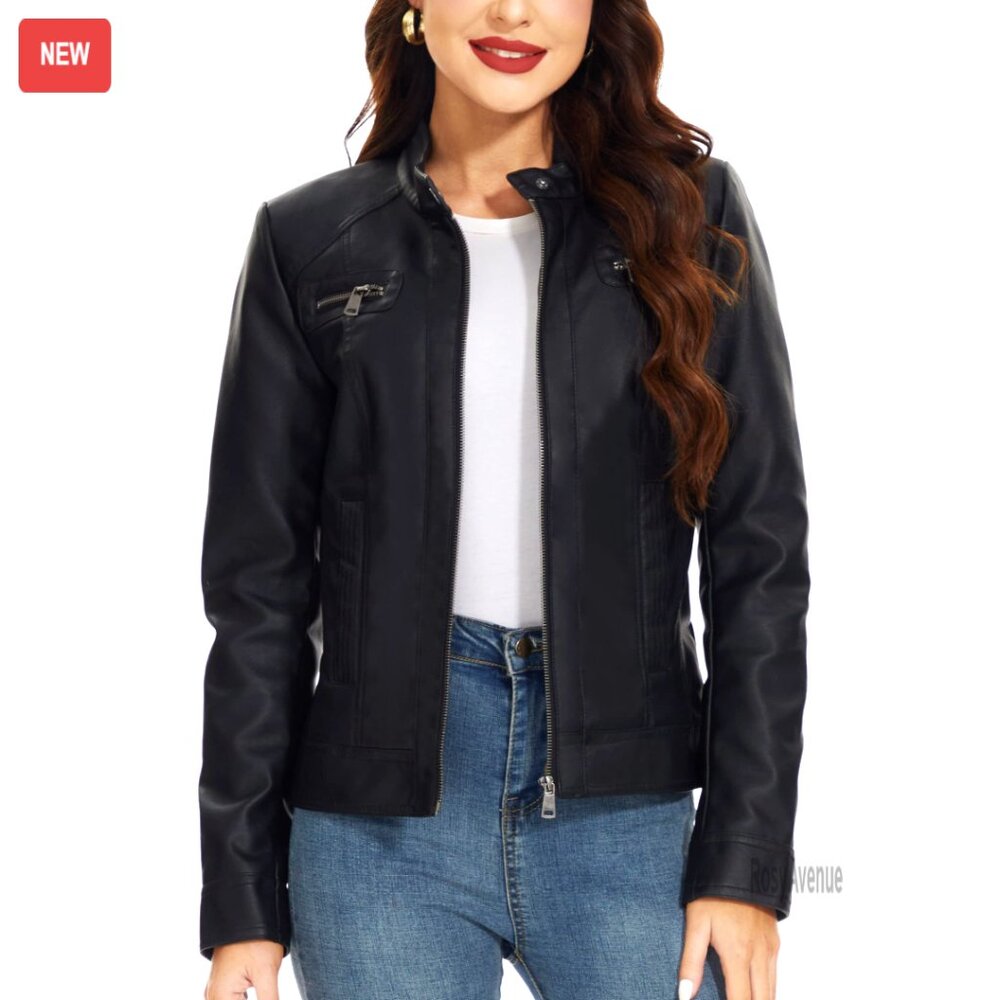 Faux Leather Motorcycle Jacket With Zip Closure, Stand Collar